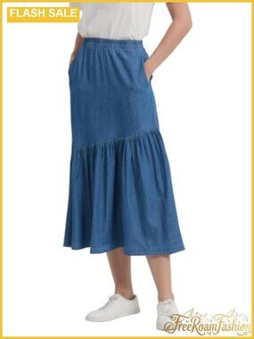 Womens Cotton Denim Long Midi Skirt Pleated A-Line Elastic Waist Ruffled Hem